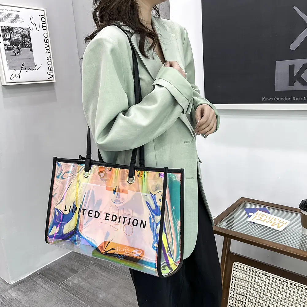 Women Travel Shoulder Bag Letters Large Capacity Laser PVC Transparent Handbag Female Casual Clear Summer Holiday Beach Tote Bag