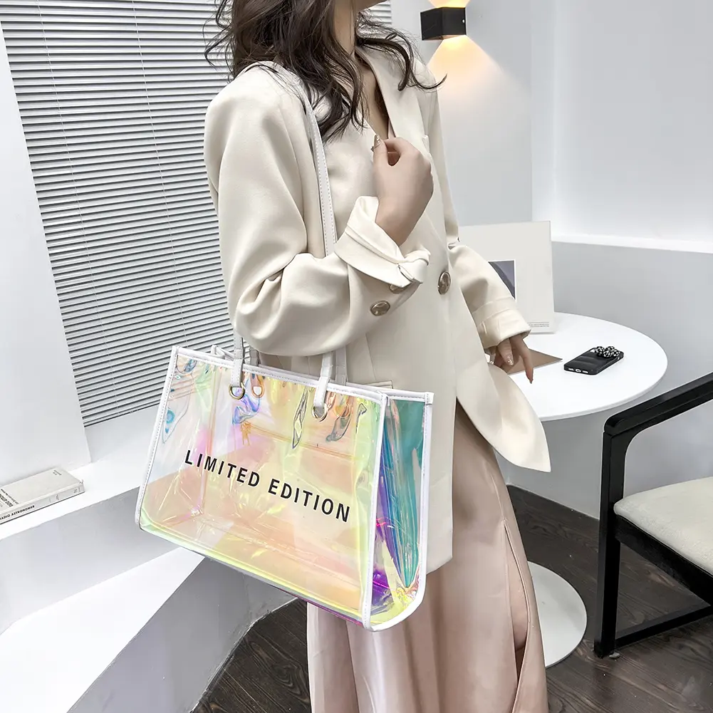 Women Travel Shoulder Bag Letters Large Capacity Laser PVC Transparent Handbag Female Casual Clear Summer Holiday Beach Tote Bag
