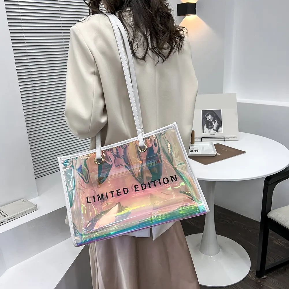 Women Travel Shoulder Bag Letters Large Capacity Laser PVC Transparent Handbag Female Casual Clear Summer Holiday Beach Tote Bag