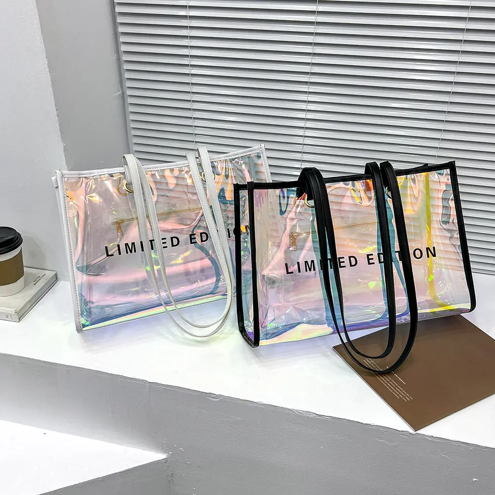 Women Travel Shoulder Bag Letters Large Capacity Laser PVC Transparent Handbag Female Casual Clear Summer Holiday Beach Tote Bag