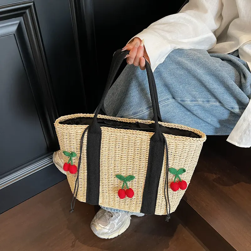 Women's Woven Tote Bag Large Capacity Beach Straw Top Handle Basket Bag Drawstring Travel Shopping Pouch Casual cherry Handbag