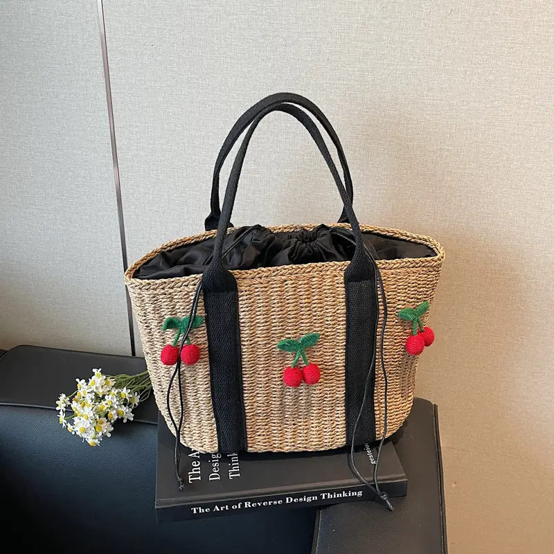 Women's Woven Tote Bag Large Capacity Beach Straw Top Handle Basket Bag Drawstring Travel Shopping Pouch Casual cherry Handbag