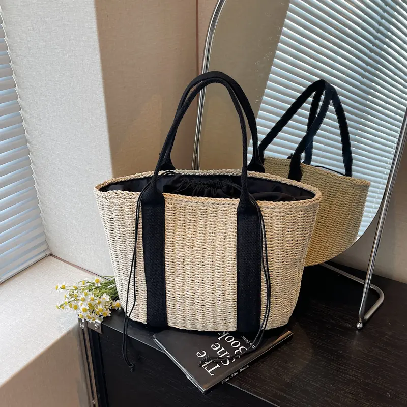 Women's Woven Tote Bag Large Capacity Beach Straw Top Handle Basket Bag Drawstring Travel Shopping Pouch Casual cherry Handbag