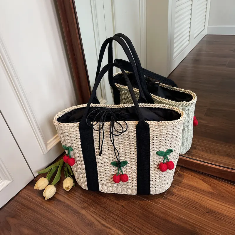 Women's Woven Tote Bag Large Capacity Beach Straw Top Handle Basket Bag Drawstring Travel Shopping Pouch Casual cherry Handbag