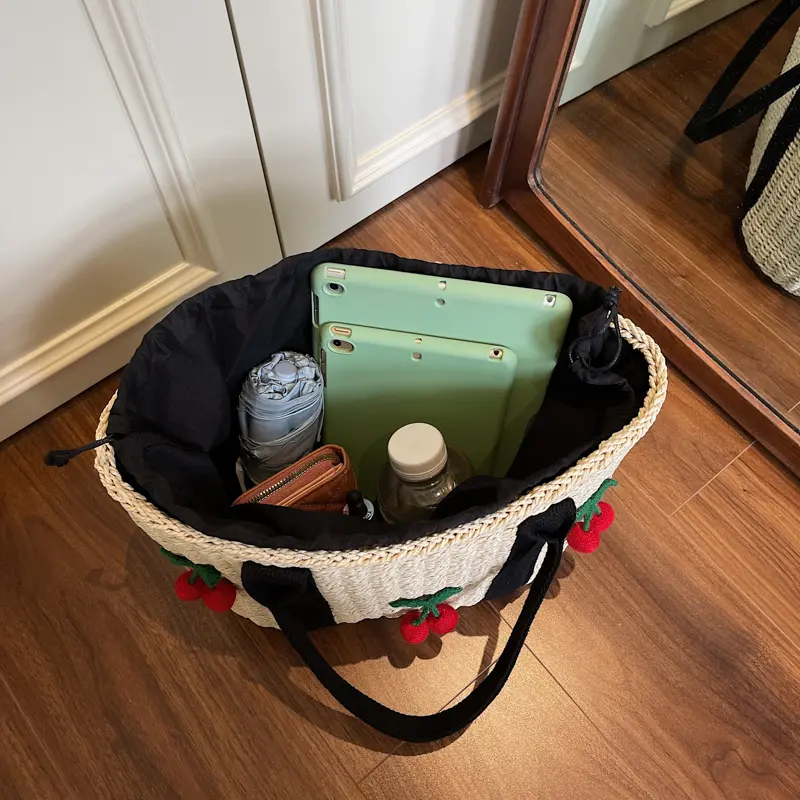 Women's Woven Tote Bag Large Capacity Beach Straw Top Handle Basket Bag Drawstring Travel Shopping Pouch Casual cherry Handbag