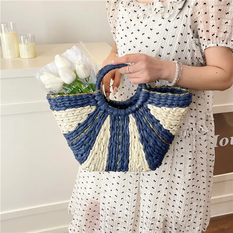 Straw Handbags Handwoven Beach Top-Handle Bags Hollow Out Stripe Tote Hand Bags Large Capacity Half-Moon Bag for Vacation Travel