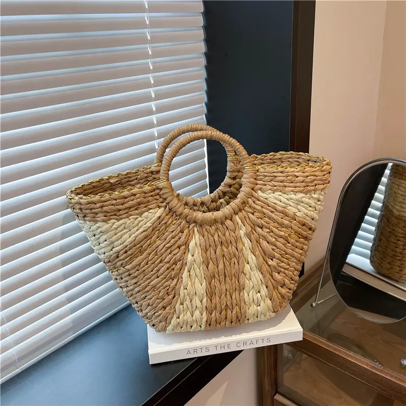 Straw Handbags Handwoven Beach Top-Handle Bags Hollow Out Stripe Tote Hand Bags Large Capacity Half-Moon Bag for Vacation Travel