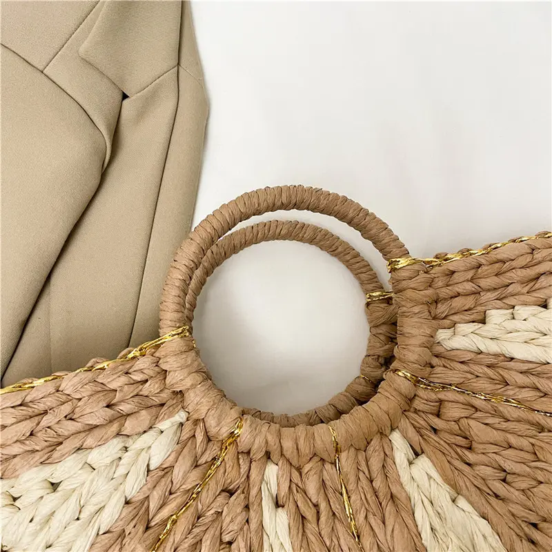 Straw Handbags Handwoven Beach Top-Handle Bags Hollow Out Stripe Tote Hand Bags Large Capacity Half-Moon Bag for Vacation Travel