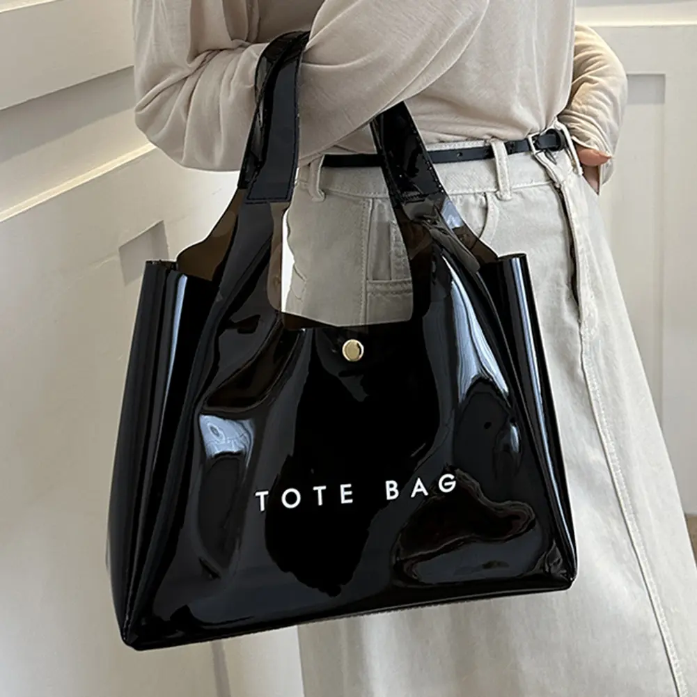Women's PVC Waterproof Tote Bag Large Capacity Shoulder Bag Transparent Grocery Bag Magnetic Closure Handbag Clear Storage Pouch