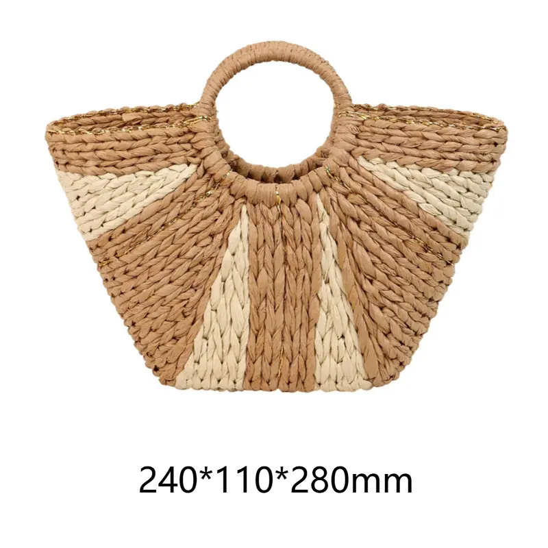 Straw Handbags Handwoven Beach Top-Handle Bags Hollow Out Stripe Tote Hand Bags Large Capacity Half-Moon Bag for Vacation Travel