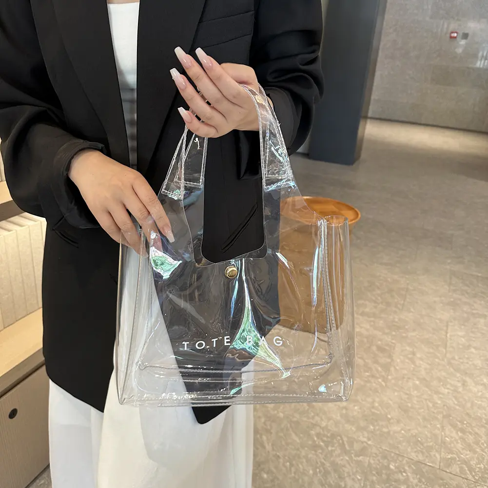 Women's PVC Waterproof Tote Bag Large Capacity Shoulder Bag Transparent Grocery Bag Magnetic Closure Handbag Clear Storage Pouch