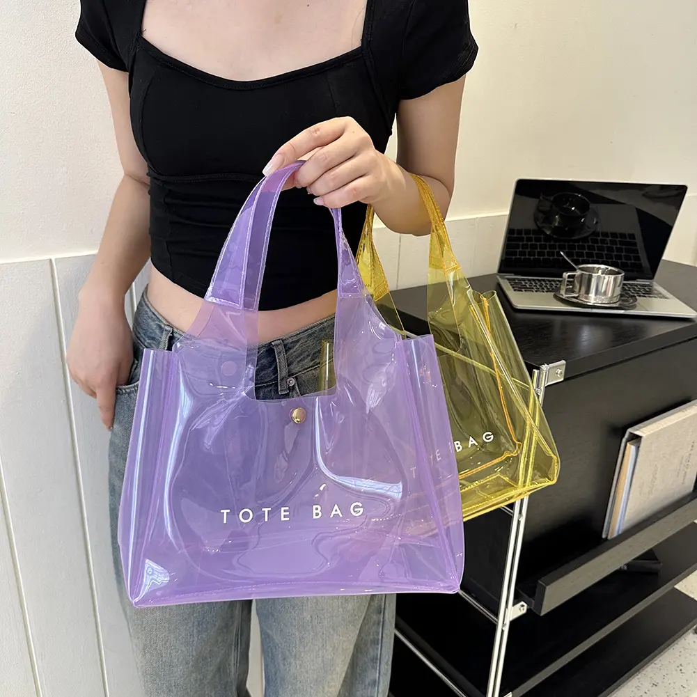 Women's PVC Waterproof Tote Bag Large Capacity Shoulder Bag Transparent Grocery Bag Magnetic Closure Handbag Clear Storage Pouch