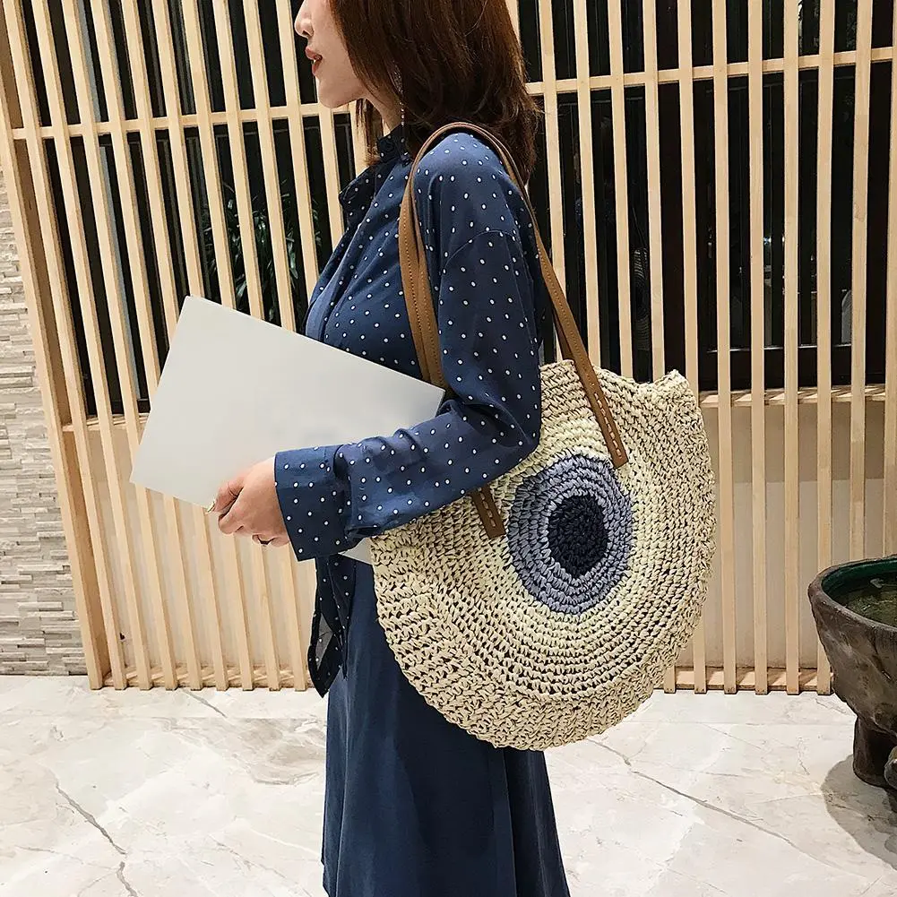 Ladies Rattan Color Splicing Handmade Messenger Shoulder Bag Straw Woven Handbag