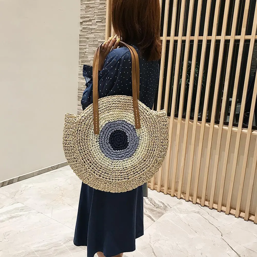 Ladies Rattan Color Splicing Handmade Messenger Shoulder Bag Straw Woven Handbag