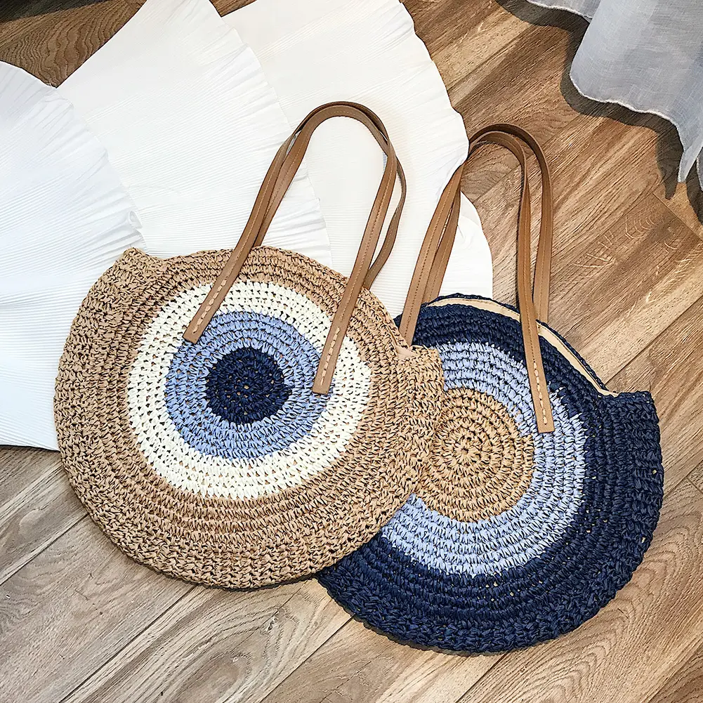 Ladies Rattan Color Splicing Handmade Messenger Shoulder Bag Straw Woven Handbag