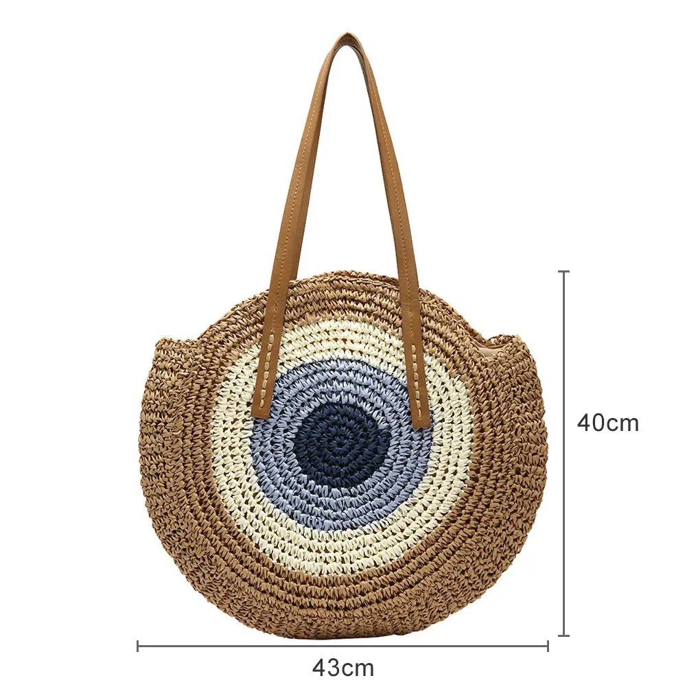 Ladies Rattan Color Splicing Handmade Messenger Shoulder Bag Straw Woven Handbag