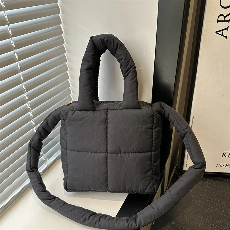 Winter Quilted Embroidered Plaid Tote Bag Cotton Padded Women's Shoulder Bag Soft Puffer Stylish Handbag Large Capacity Down Bag