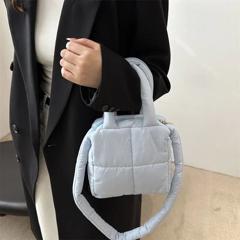 Winter Quilted Embroidered Plaid Tote Bag Cotton Padded Women's Shoulder Bag Soft Puffer Stylish Handbag Large Capacity Down Bag