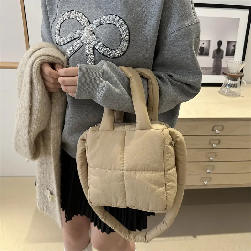 Winter Quilted Embroidered Plaid Tote Bag Cotton Padded Women's Shoulder Bag Soft Puffer Stylish Handbag Large Capacity Down Bag