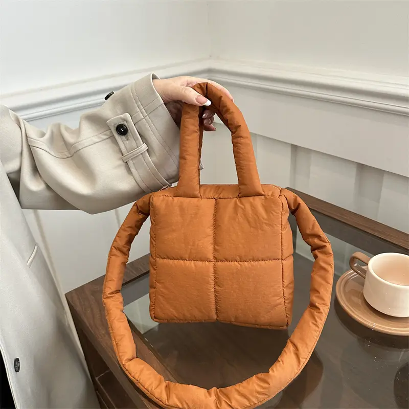 Winter Quilted Embroidered Plaid Tote Bag Cotton Padded Women's Shoulder Bag Soft Puffer Stylish Handbag Large Capacity Down Bag