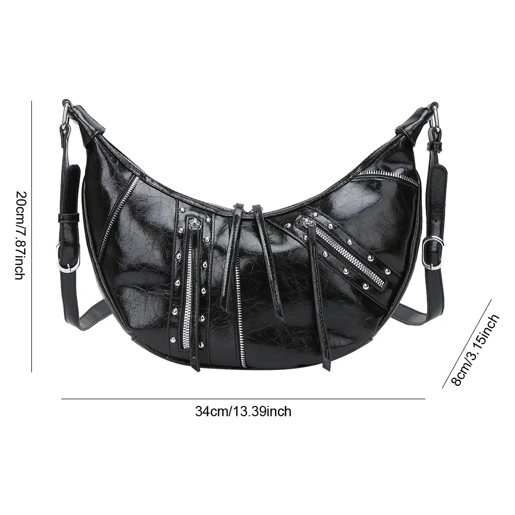 Vintage PU Leather Crescent Bag Y2K Women's Shoulder Bag with Inner Pocket Large Capacity Crossbody Bag Punk Style Messenger Bag