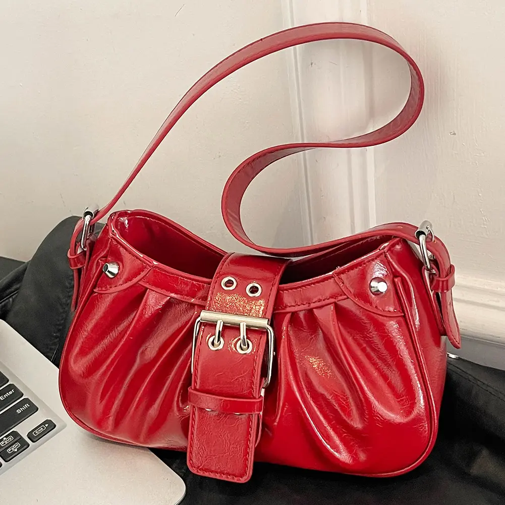 2025 Fashion Women PU Leather Pleated Crossbody Bag Buckle Design Luxury Shoulder Bag Ladies Korean Underarm Bag Solid Tote Bags