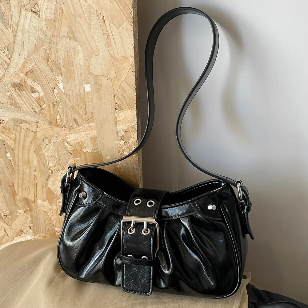 2025 Fashion Women PU Leather Pleated Crossbody Bag Buckle Design Luxury Shoulder Bag Ladies Korean Underarm Bag Solid Tote Bags