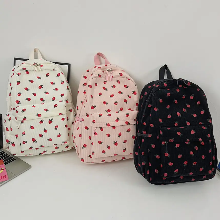 Sweet Corduroy Strawberry Backpacks Casual Travel Rucksack Large Capacity Daily Knapsack Japanese Aesthetic Students School Bag