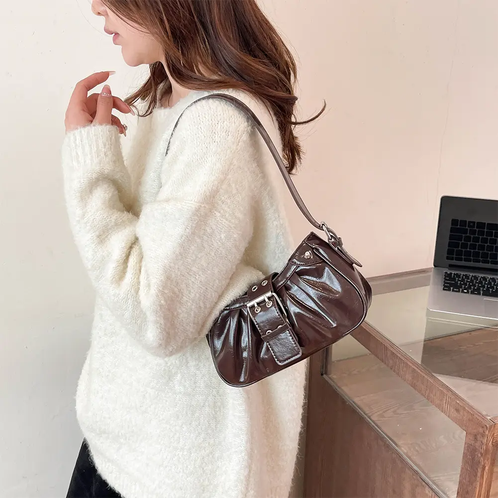 2025 Fashion Women PU Leather Pleated Crossbody Bag Buckle Design Luxury Shoulder Bag Ladies Korean Underarm Bag Solid Tote Bags