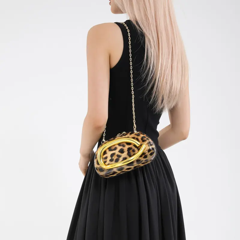 Women Evening Bags Gold Metal Box Leopard Print Clutch Purse Handbag with Chain Luxury Crossbody Bags Wedding Party shoulder bag