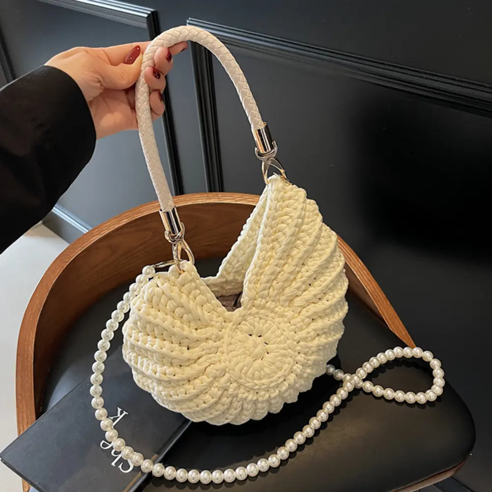 Handwoven Shell Beach Handbags Crochet Pearls Chain Crossbody Bag Conch Shaped Boho Clutch Women Solid Color Shoulder Weave Bag
