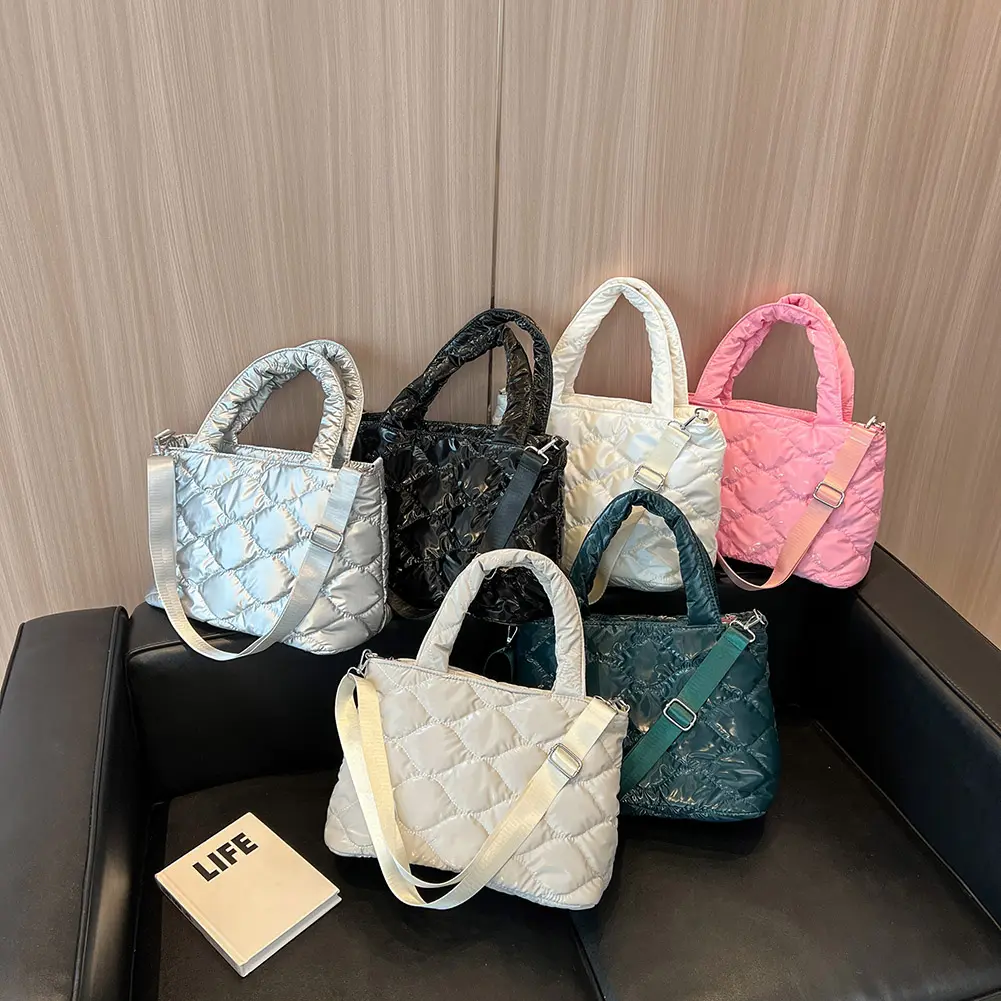 Women Messenger Bag Solid Color Nylon Cotton-padded Top-handle Bag Casual Zipper Winter Fashion Quilted Winter Women Tote