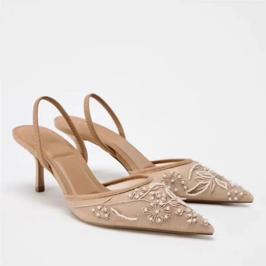 Women Embroidered Heel Pumps Breathable Pointed End Mesh Sandals Wear Resist Slingback String Shoes for Wedding Party Work