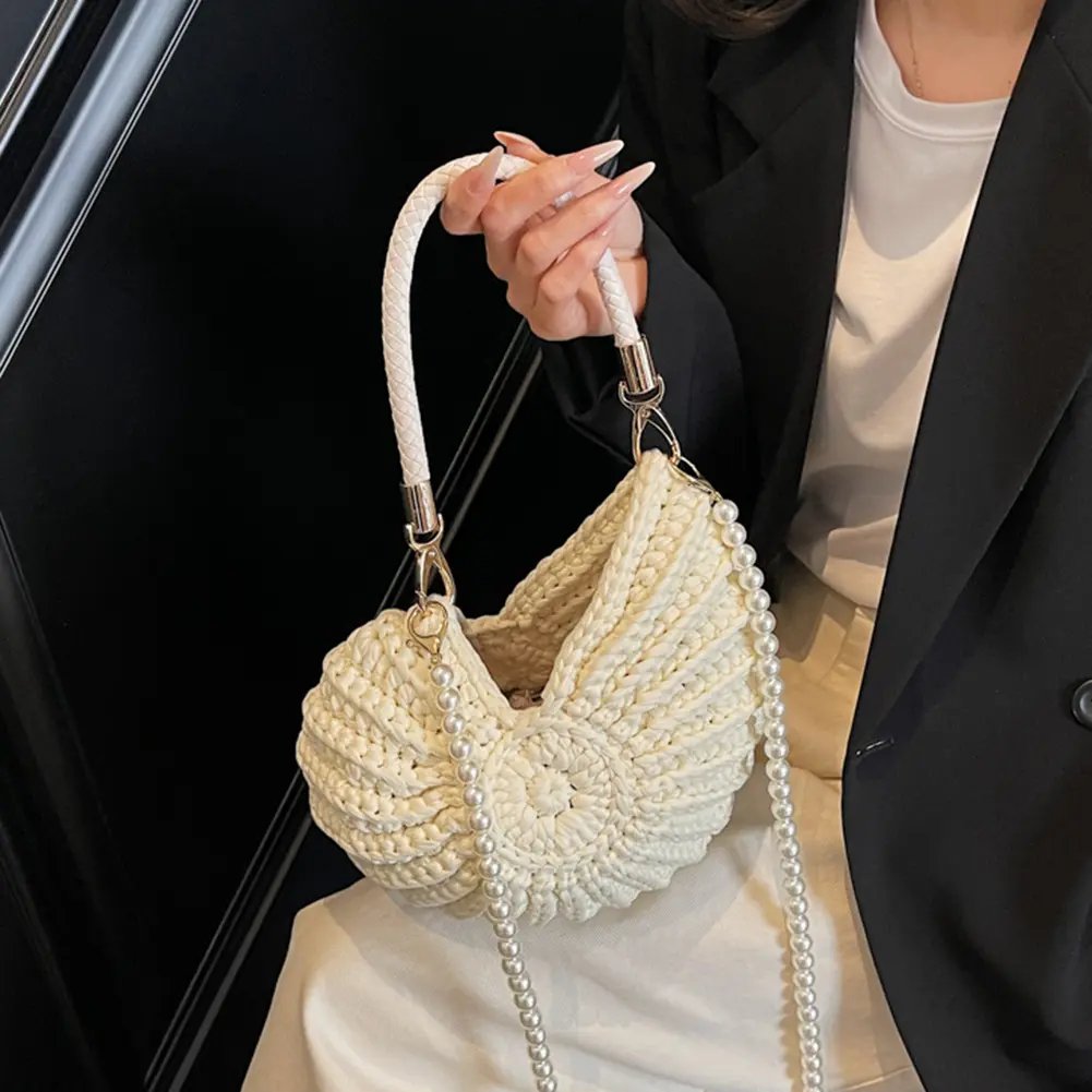 Handwoven Shell Beach Handbags Crochet Pearls Chain Crossbody Bag Conch Shaped Boho Clutch Women Solid Color Shoulder Weave Bag