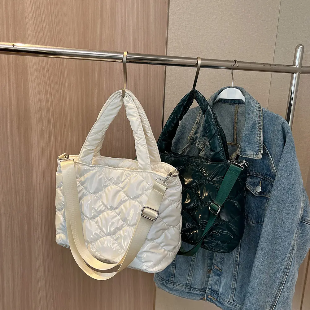 Women Messenger Bag Solid Color Nylon Cotton-padded Top-handle Bag Casual Zipper Winter Fashion Quilted Winter Women Tote