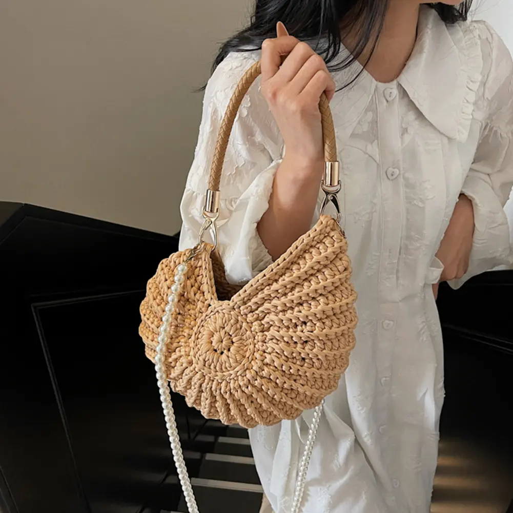 Handwoven Shell Beach Handbags Crochet Pearls Chain Crossbody Bag Conch Shaped Boho Clutch Women Solid Color Shoulder Weave Bag