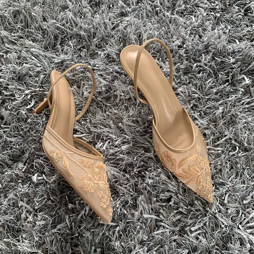 Women Embroidered Heel Pumps Breathable Pointed End Mesh Sandals Wear Resist Slingback String Shoes for Wedding Party Work