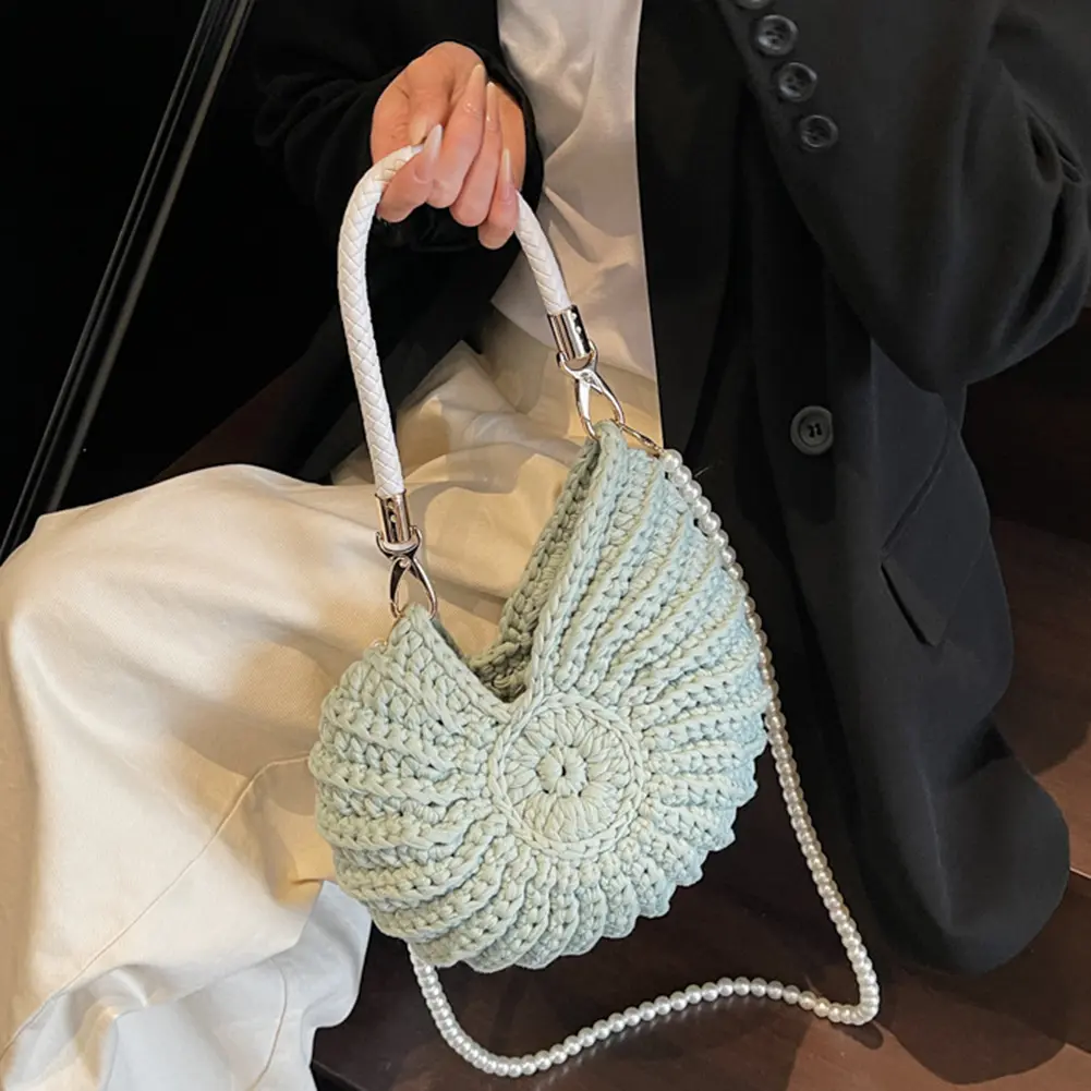 Handwoven Shell Beach Handbags Crochet Pearls Chain Crossbody Bag Conch Shaped Boho Clutch Women Solid Color Shoulder Weave Bag