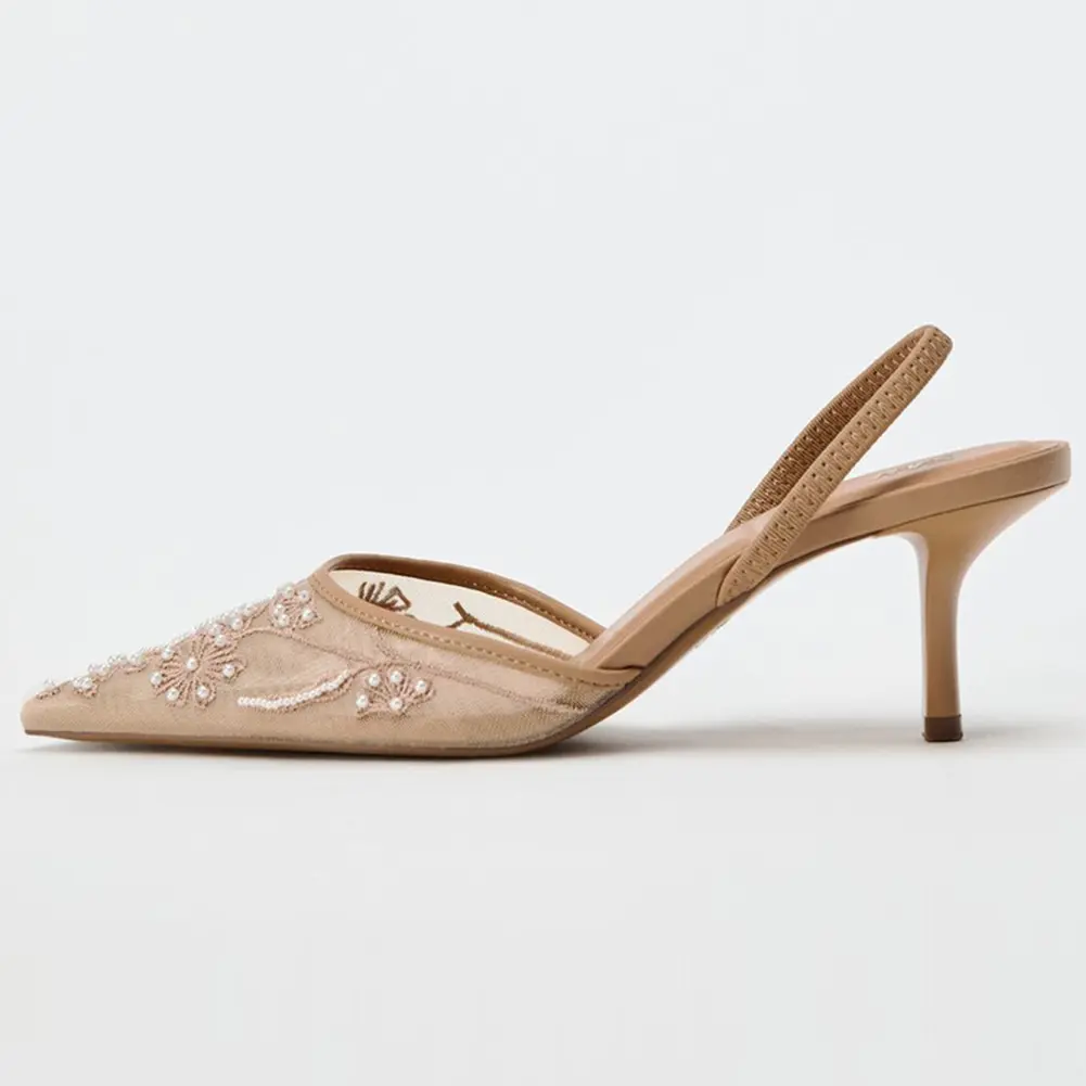 Women Embroidered Heel Pumps Breathable Pointed End Mesh Sandals Wear Resist Slingback String Shoes for Wedding Party Work