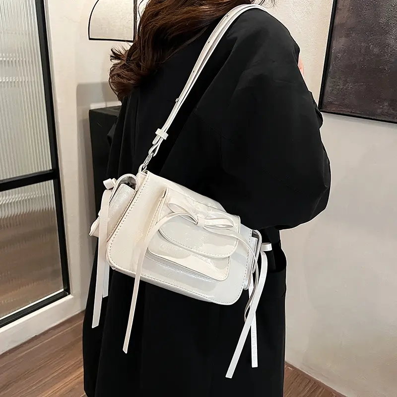 Ladies Crossbody Bag Bow Aesthetic Shoulder Bags Large Capacity Women Underarm Bag Solid Casual Handbag Adjustable Strap Satchel