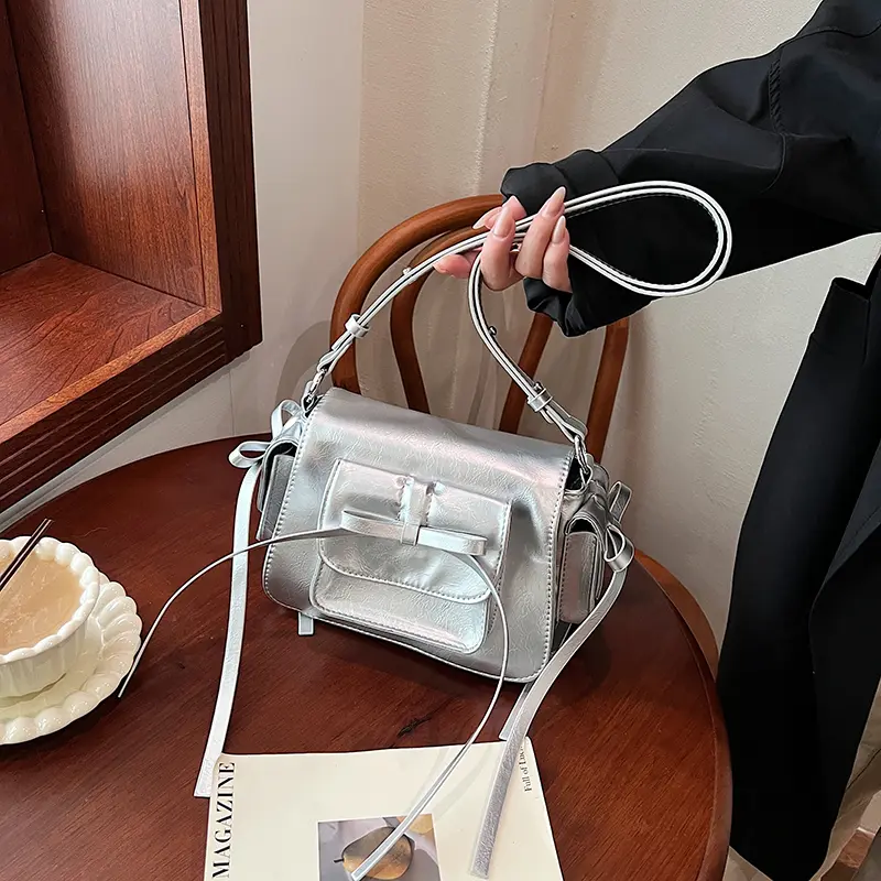 Ladies Crossbody Bag Bow Aesthetic Shoulder Bags Large Capacity Women Underarm Bag Solid Casual Handbag Adjustable Strap Satchel