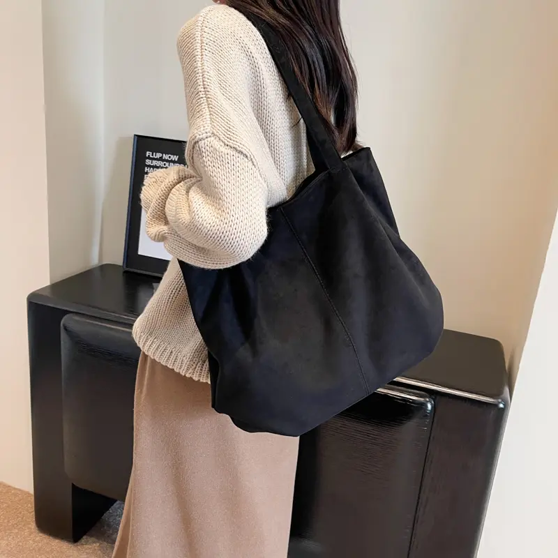 Women Suede Tote Bag Large Capacity Women Suede Handbag Solid Color Vintage Top Handle Bag Leather Hobo Bags Fall Winter Handbag