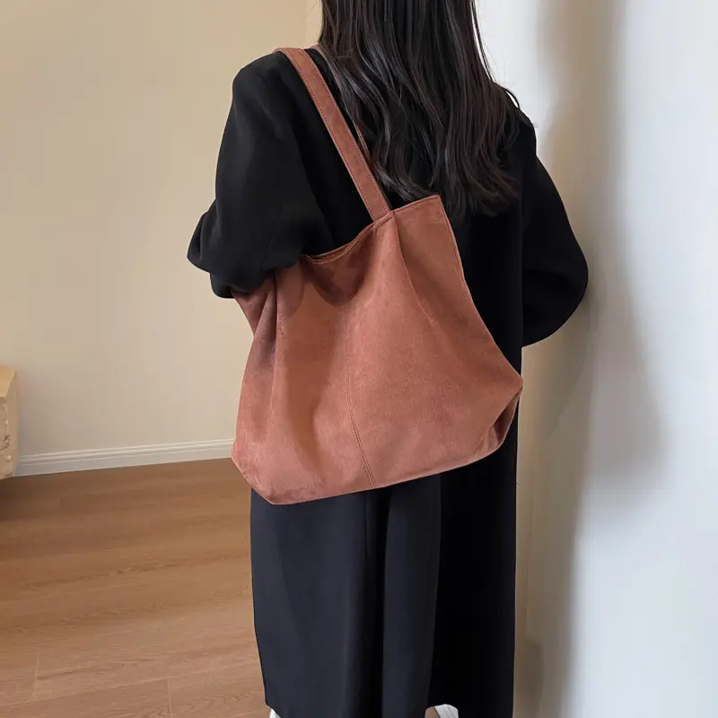 Women Suede Tote Bag Large Capacity Women Suede Handbag Solid Color Vintage Top Handle Bag Leather Hobo Bags Fall Winter Handbag