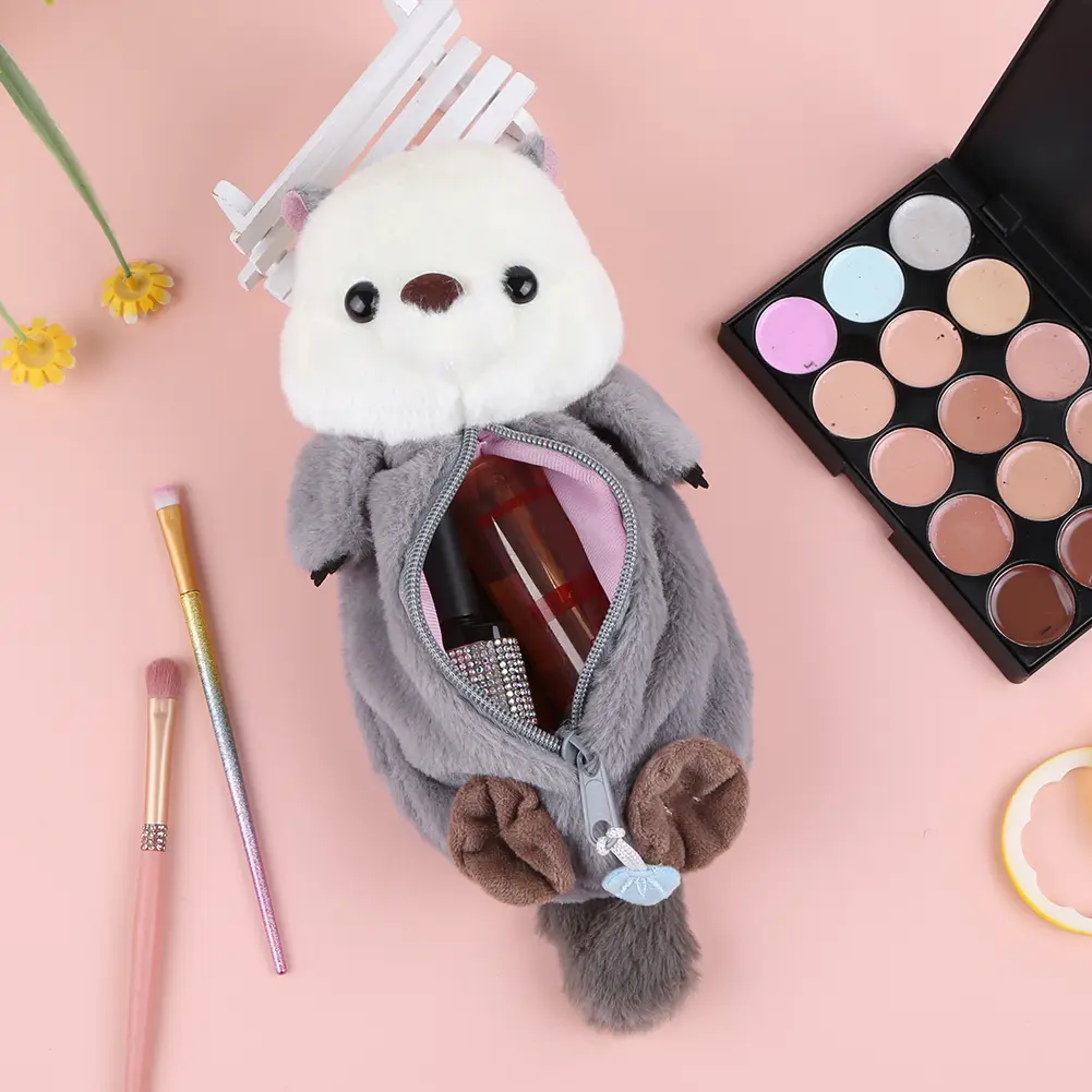 Plush Sea Otter Pencil Case Makeup Brush Storage Bag Creative Pencil Organizer Box Large Capacity for Students Boys Girls