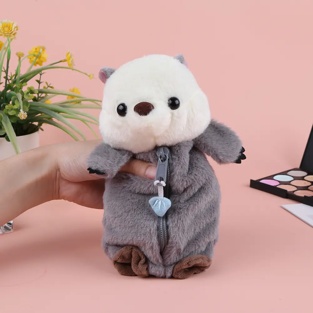 Plush Sea Otter Pencil Case Makeup Brush Storage Bag Creative Pencil Organizer Box Large Capacity for Students Boys Girls