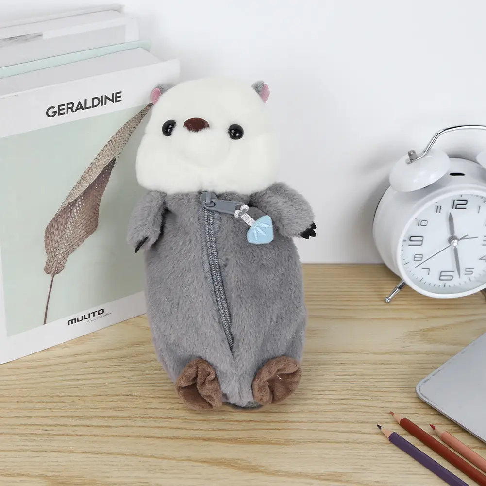 Plush Sea Otter Pencil Case Makeup Brush Storage Bag Creative Pencil Organizer Box Large Capacity for Students Boys Girls