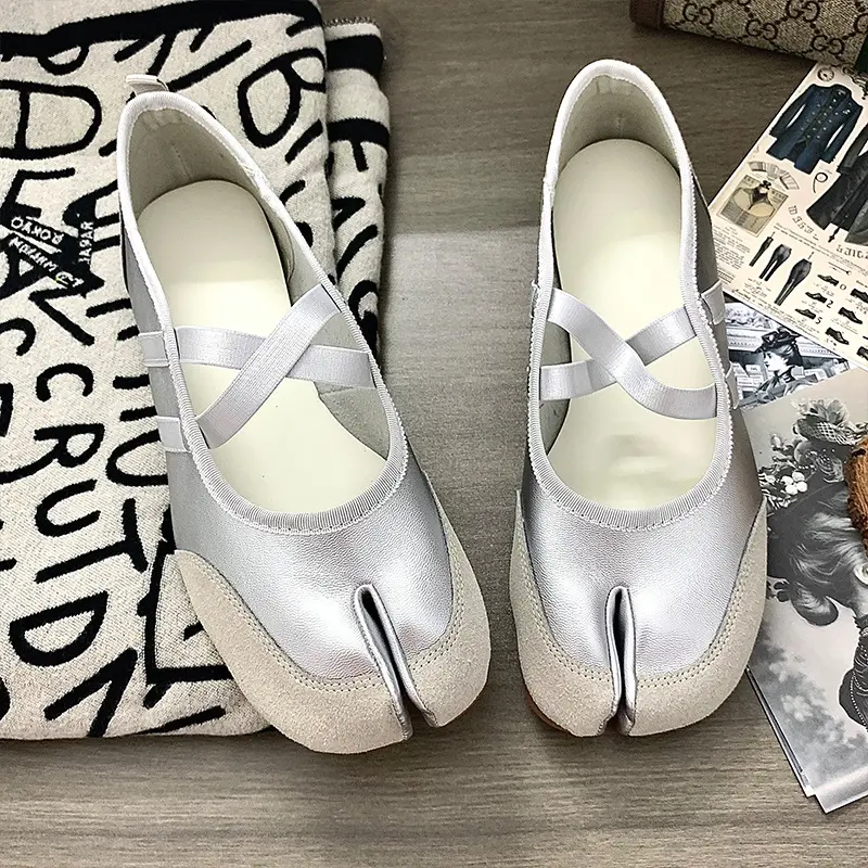 Women Ballet Flats Cross Strap Design Split Toe Tabi Shoes Silver PU Leather Horseshoe Shoes Summer Casual Walking Sneakers
