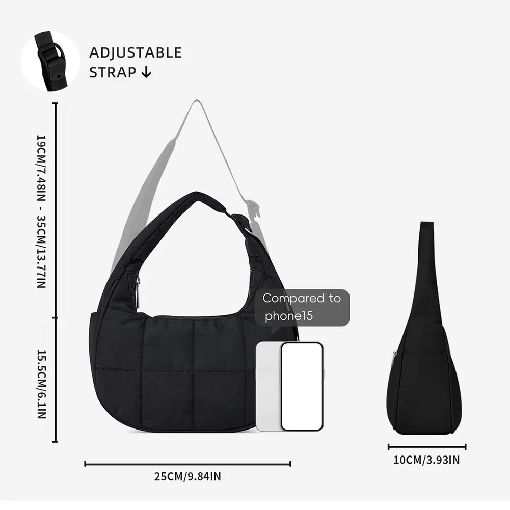 Underarm Bag for Women Quilted Shoulder Purse Nylon Adjustable Strap Handbag with Zipper Hobo Bag for Work Travel