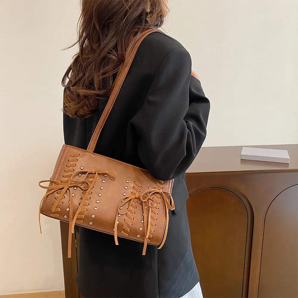 Women PU Leather Shoulder Bag with Bow Decor Solid Vintage Underarm Bag Large Capacity Tote Bags Ladies Commuting Handbag Bolsas