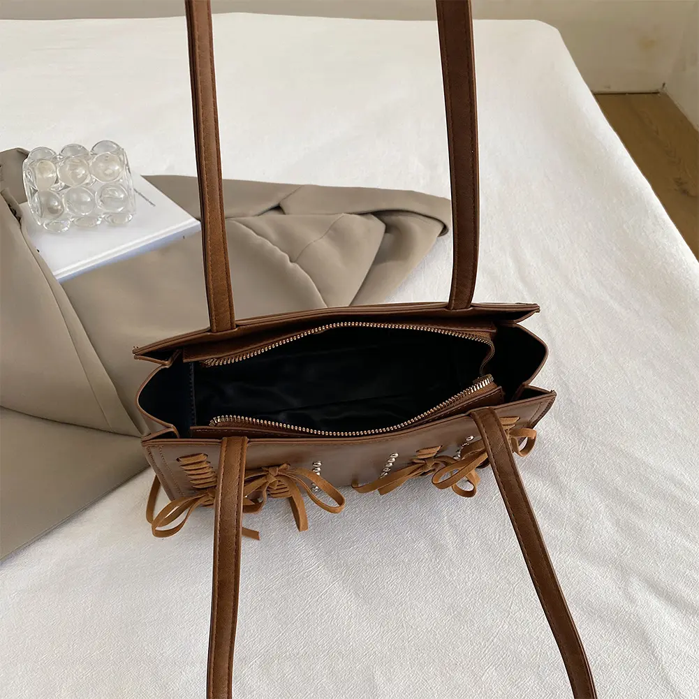 Women PU Leather Shoulder Bag with Bow Decor Solid Vintage Underarm Bag Large Capacity Tote Bags Ladies Commuting Handbag Bolsas